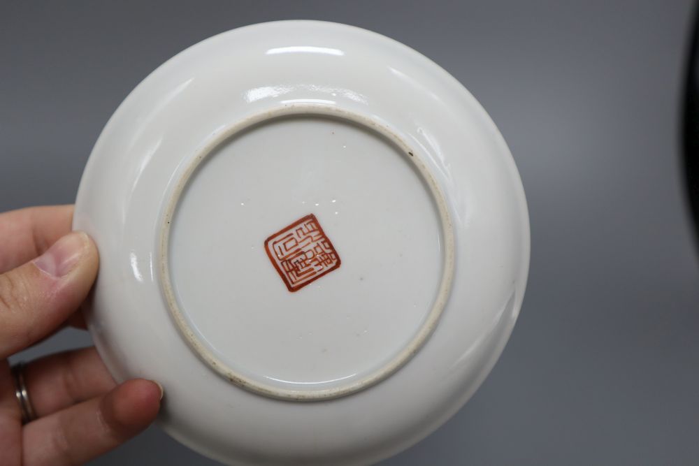 Three Chinese saucers and two teacups and a tea bowl, largest diameter 12.5cm